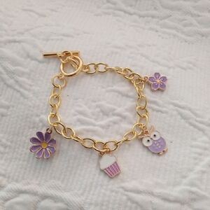 Source Unknown Gold Charm Bracelet with Purple Enamel Charms